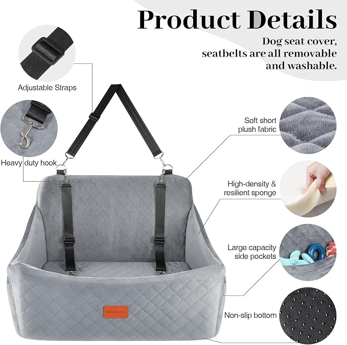 Wooaidagg Dog Car Seat for Medium & Large Dogs Up to 55lbs, Memory Foam Cushion, Washable Cover, Safety Straps & Non-Slip Base(Grey,Large) - Image 2