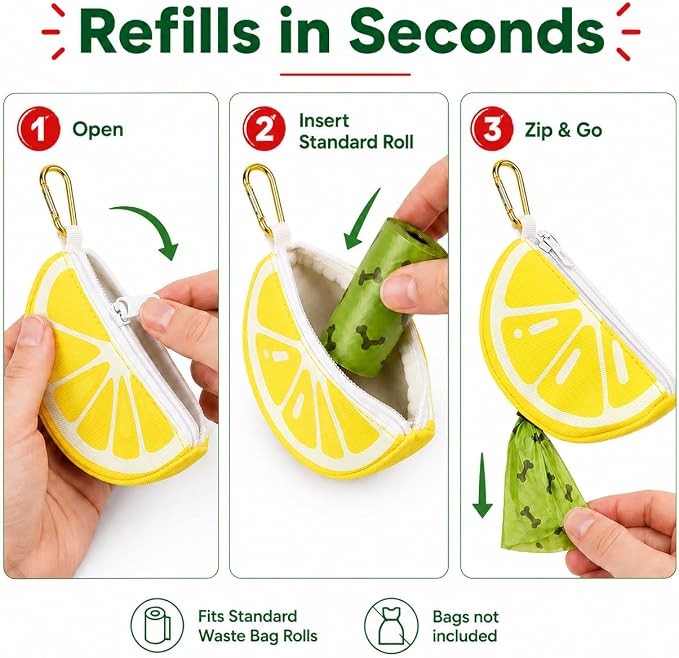 Lemon Dog Poop Bag Holder - Cute Leash Dispenser for Dog Walking | Dog Poop Bag Holder & Trash Carrier, Leash Attachable Dispenser for Poop Bags, Cute Durable Walking Accessory - Image 3