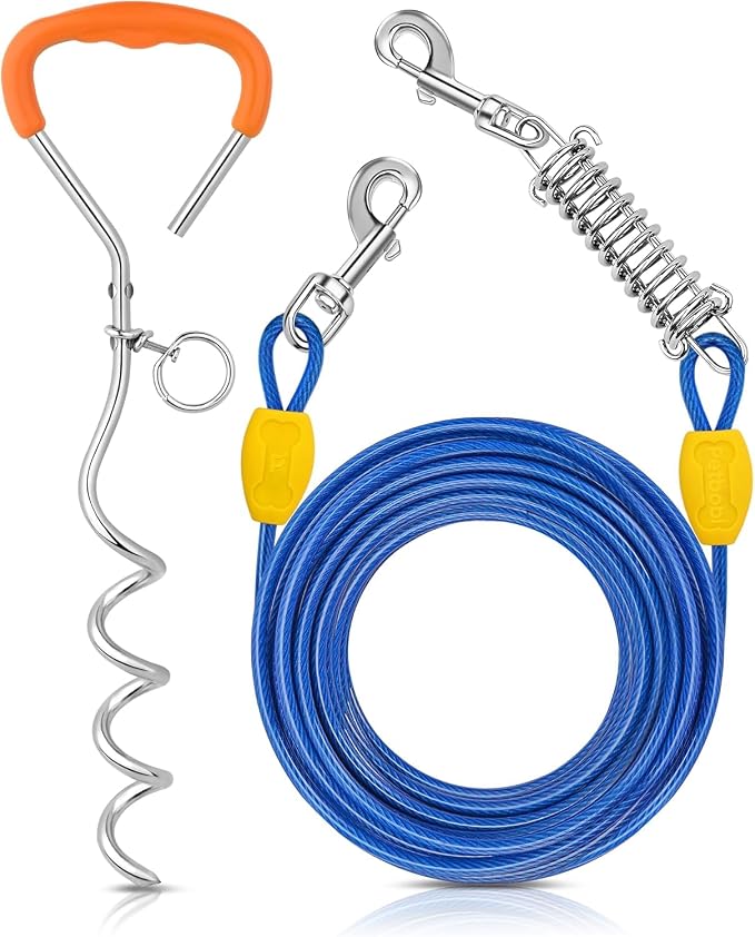 Petbobi Dog Tie Out Cable and Stake, 30ft Heavy Duty Dog Leads for Yard | 4in Shock Spring, 16in Spiral Ground Anchor, 360° No-Tangle Swivel, Chew-Proof Rustproof Wire, Up to 120 lbs, Outdoor Camping by Petbobi