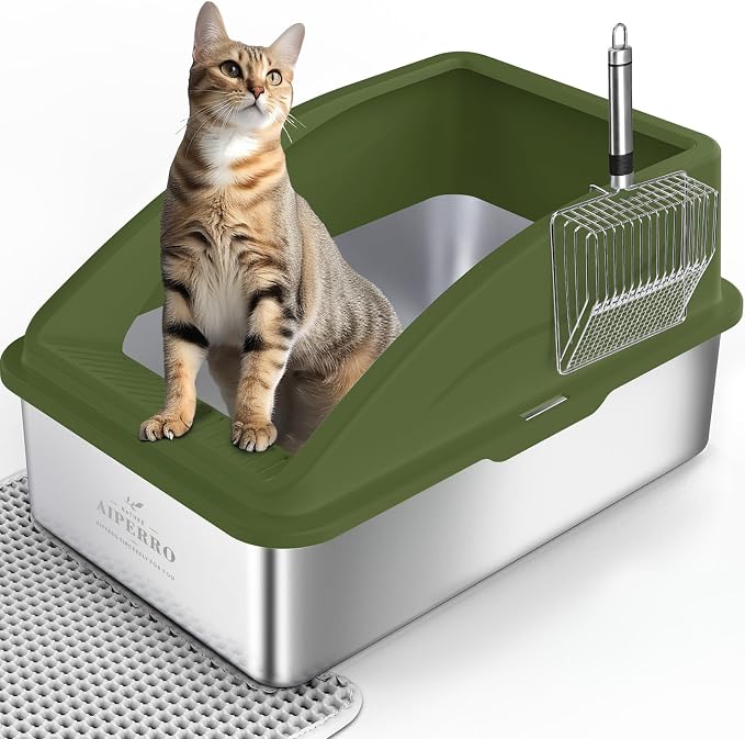 AIPERRO Stainless Steel Litter Box | XL Enclosed Metal Cat Litter Boxes | High Sided with Lid for Big Cats | Anti-Urine Leakage | Non-Stick Bottom & Includes Litter Mat & Metal Scoop (Olive Green) by AIPERRO