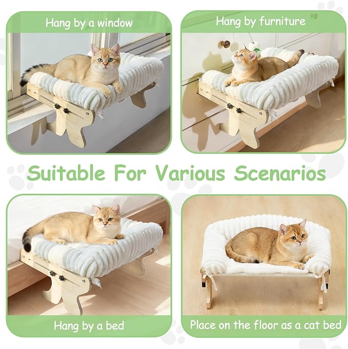 Large Wooden Velvet Cat Window Perch Bed, White | Sturdy Wooden Frame, Removable Machine Washable Cover, Window Sill Hanging, All Seasons Comfort - Image 5