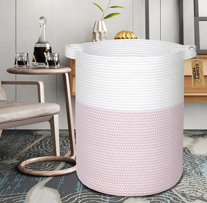 COMFY-HOMI XXL Large Laundry Basket with Handles Blanket Baskets Living Room|Woven Cotton Rope Decorative Basket Laundry Hamper Baby Basket Nursery Dog Toy Storage Organizer Bin-16”x18”-White/Pink - Image 5