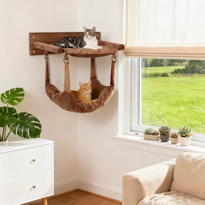 JSPYFITS Wooden Cat Furniture Wall Mounted, Double Layer Hammock, Large Size 18.9″ Removable Multi-Function Cat Bed for Sleep/Play/Climb, Kitten Window Perch, Easy DIY Installation(Brown) - Image 9