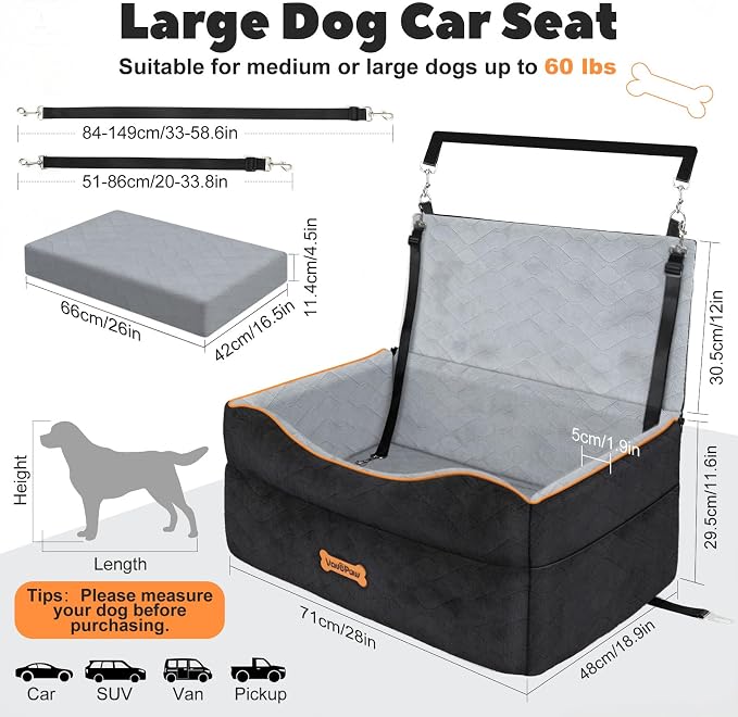 VavoPaw Dog Car Seat for Dog Under 50Lbs Medium or 2 Small Dogs Under 25Lbs | Booster Car Seat, Waterproof Cars Pet Bed with Thick Cushion & Safety Leash, Removable Pet Cars Seats for Travel - Image 3