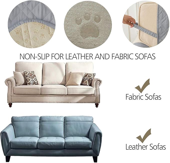 Ameritex Loveseat Cover Water-Resistant Quilted Furniture Protector with Back Nonslip Paws Slipcover for Dogs, Kids, Pets Loveseat Slipcover Stay in Place for Leather (46", Light Grey) - Image 7