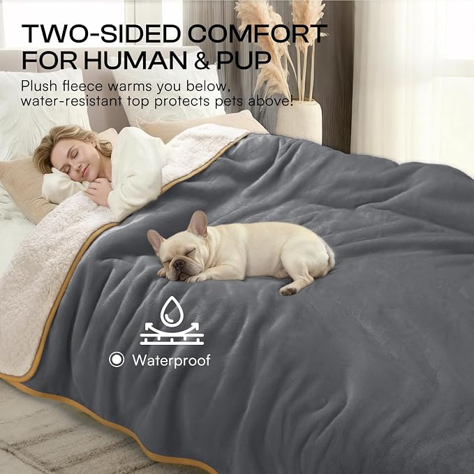 Luciphia Waterproof Blanket for Large Dog, Reversible Sherpa Couch Cover | waterproof pet blanket sherpa fleece reversible couch cover bed protector car from spills scratches, Grey+Beige 85" x 57" - Image 5