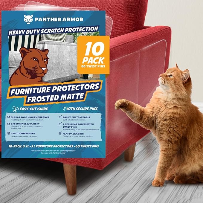Panther Armor Cat Furniture Protector, 10 Matte Sheets with Twist Pins | Solid barrier shield, not a sticky deterrent. Couch protector from cat claws. 5 XL plus 5 large sheets, removable by PantherArmor