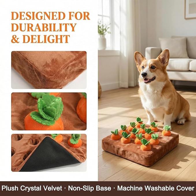 Carrot Dog Toy - Interactive Foraging Puzzle, Treat Hiding Plush Mat, Mental Stimulation Slow Feeder Enrichment Toy for Small Medium Dogs & Cats, Machine Washable - Image 7