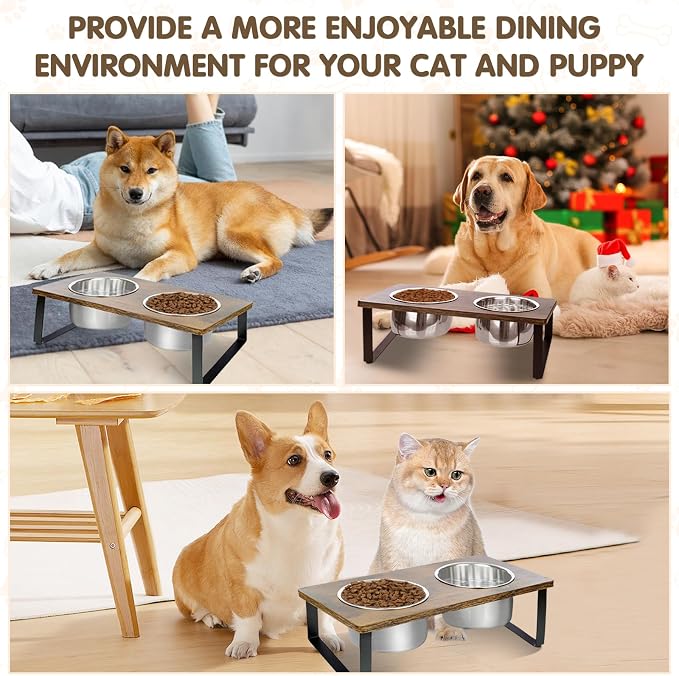 Elevated Dog Bowls for Small Medium Wood Dogs Raised Bowl Stand with 2 Stainless Steel Deep Dog Food and Water Bowls, Anti Vomit, Non-Slip Feeding Dishes(Tilted，3 inches in Height, 40oz - Image 5