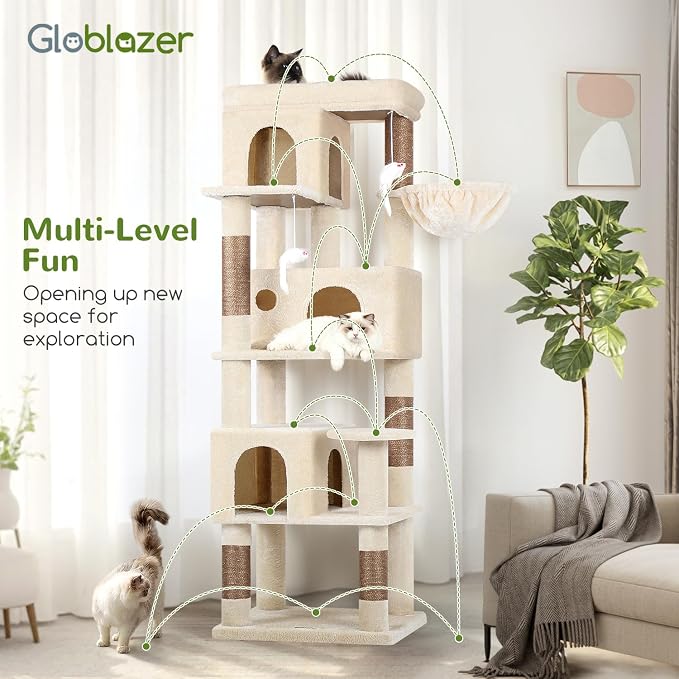 Globlazer F66 Corner Cat Tree, 66in Multi-Level Climbing Tower, Beige | Kitty Condos Cat Scratching Tower for Indoor Multiple Cats with Large Platform, 3 Cat Caves, Hanging Basket - Image 7