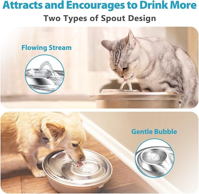ORSDA Cat Water Fountain Stainless Steel, 2L Pet Fountain for Cats Inside, Dog Water Dispenser, Automatic Cat Drinking Fountains with 6 Replacement Filters for Cats, Small Dogs - Image 3