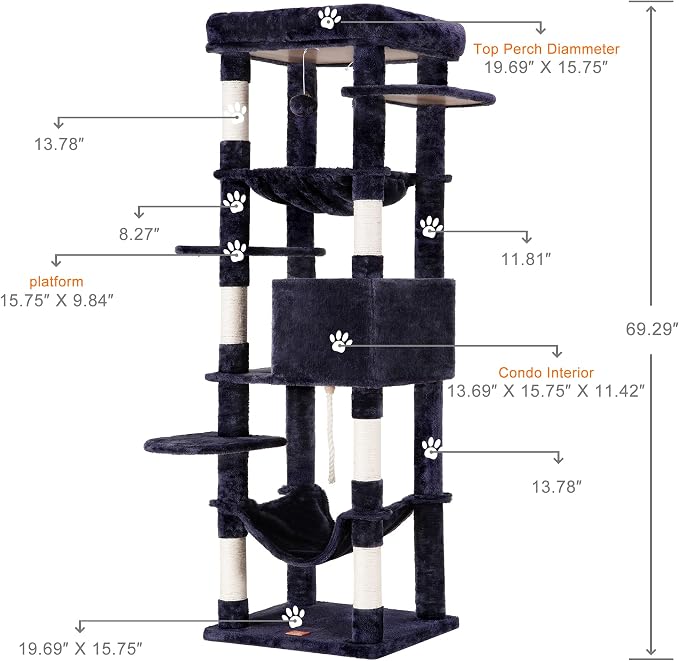 Heybly Cat Tree for Large Cats 20 lbs, 69 inches Cat Tower HCT031G | Heavy Duty Cat Condo for Indoor Cats, Multi-Level Furniture with Big Padded Plush Perch, Cozy Basket, Smoky Gray - Image 6