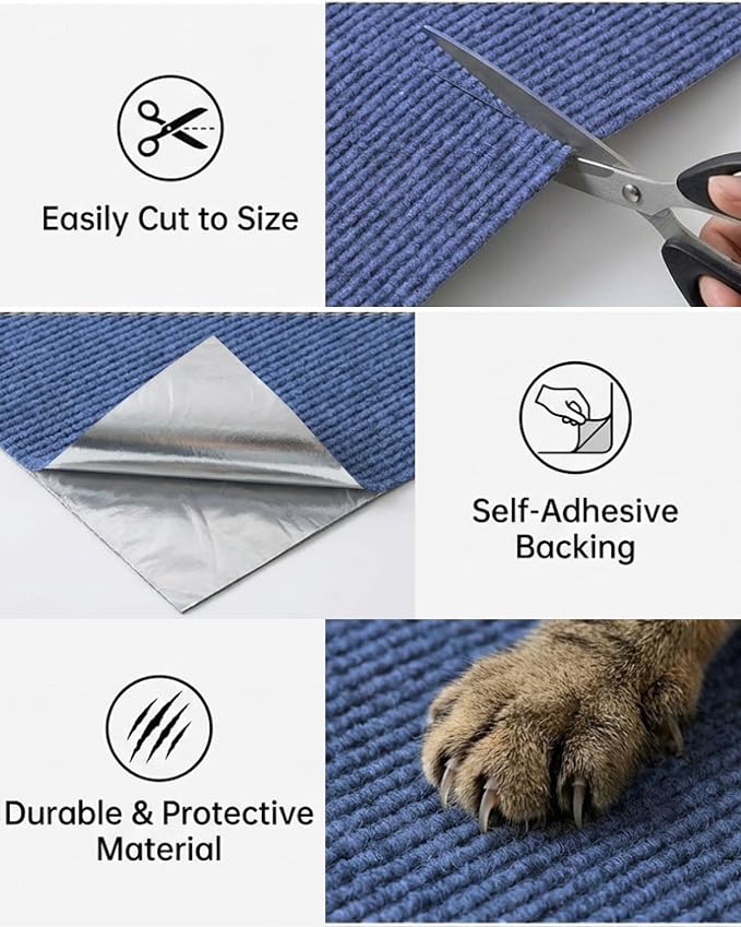 Corner & Wall Cat Scratch Mat, Self-Adhesive Trimmable Cat Scratcher, Wall Mounted Scratching Pad for Indoor Cats, Sofa Furniture Protector, Cat Post Cover Replacement (Blue, 23.6''x11.8'', 3-Pack) - Image 3