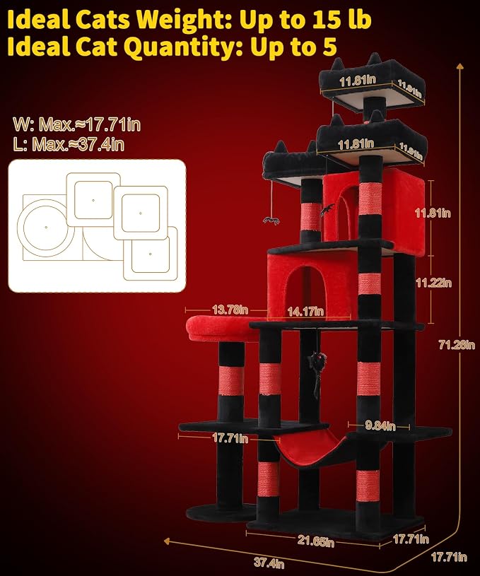 Gothic Cat Tree, 71 Inch Heavy Duty Cat Trees for Large Cats | Tall Cat Tree Tower with Extended Base, 2 Condos, 3 Perches, 9 Sisal Posts & Hammock for Indoor Adult Cats, Black Red - Image 2