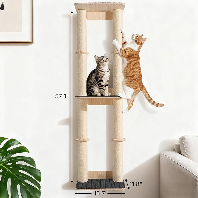 Veehoo Cat Wall Shelves, 57" Cat Wall Climber with Dual Sisal Scratching Posts and Carpeted Perch, Cats Wall Scratcher Furniture for Climb, Play and Rest - Image 7
