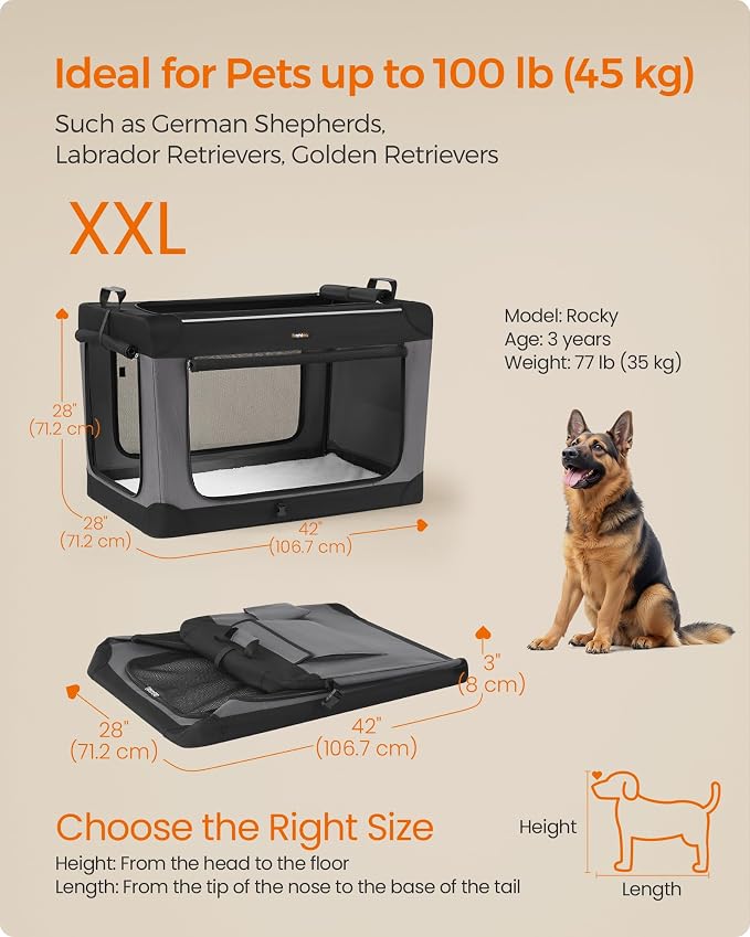 Feandrea Collapsible Dog Crate, Portable Travel Crate, 42-Inch | Oxford Fabric Pet Carrier with 4 Mesh Doors, Handles, Storage Pocket, Water Bottle Holder, UPDC021B01 - Image 6