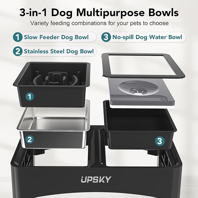 UPSKY 3-in-1 Elevated Dog Bowls Set with 4 Height Adjustable Stand, Balck | 304 Stainless Steel Bowl, No Spill Water Bowl, Slow Food Bowl, Anti-Slip, Dishwasher Safe, Suitable for Small Medium Dogs - Image 3