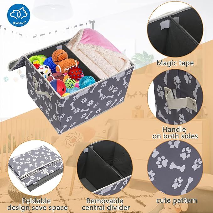 Large Dog Toys Storage Box Canvas Storage Basket Bin Organizer with Lid - Collapsible Linen Bin Ideal for Organizing Dog Cat Toys and pet Stuff-PP Boad-17" x 12" x 10" - Bone Claw - Image 2
