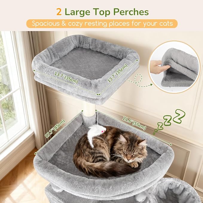 Globlazer Extra Large Cat Tree Tower, 82in Tall Heavy Duty Cat Tree for Indoor Cats Large Adult Big Cat Tower with 8 Scratching Posts, 2 Cat Condos, 2 Top Perches, 3 Hanging Baskets, S82, Light Grey - Image 2