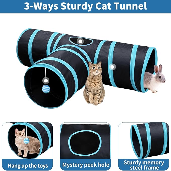 Malier Collapsible Cat Tunnels & Toys Set, Interactive Kitty Toys - Kitten & Cat - Feathers, Mouse, Crinkle Balls, 3-Way Tube Tunnel for Indoor Play - Image 5