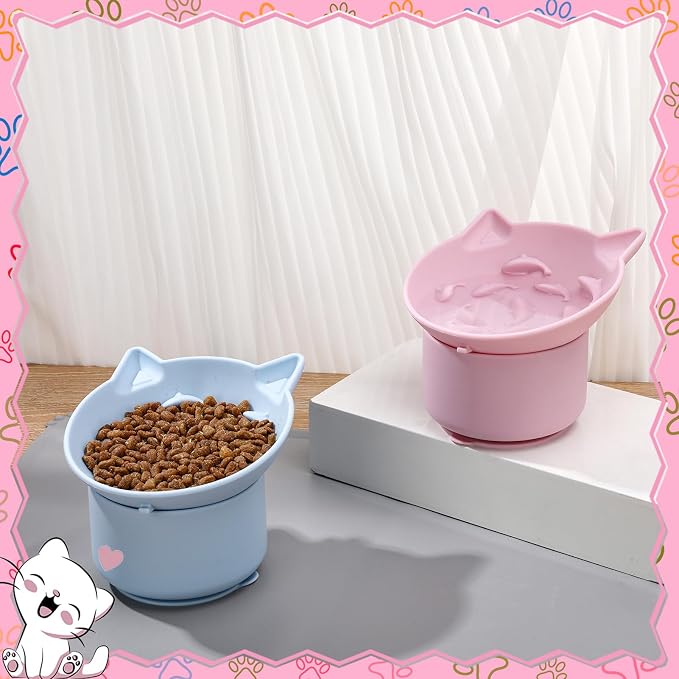 2 Pack Slow Feeder Cat Bowls Silicone Tilted Raised Pet Bowl | Non Slip Base for Digestion Anti Vomit, Pink, Blue - Image 5