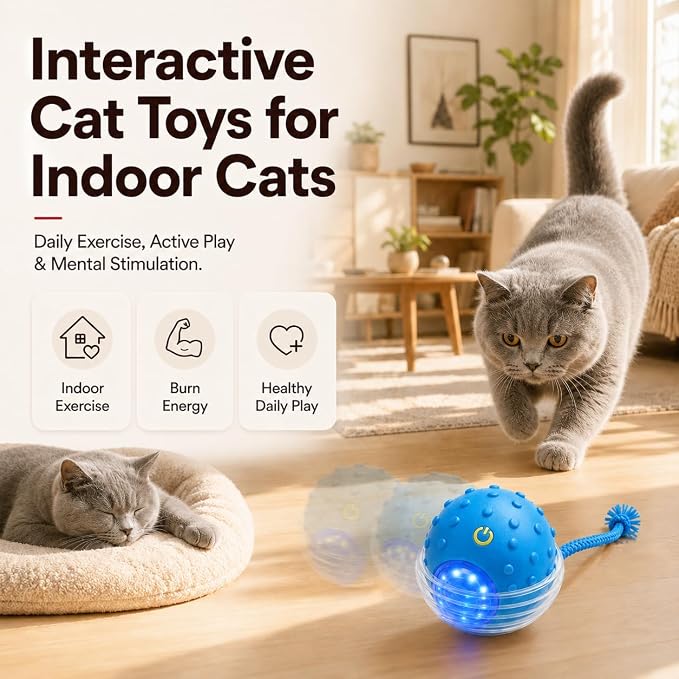 Interactive Rolling Cat Ball, Motion Activated Automatic Cat Toy | Smart Play, High Power, Anti-Stuck Rolling, Carpet & Hardwood, Chirping Sound, USB-C Rechargeable, 3 Modes, Durable - Image 6