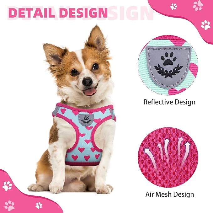 KOOLTAIL Valentines Dog Harness and Leash Set for Small Medium Dogs, Step in No Pull Soft Mesh Dog Harness Padded Pet Vest, Adjustable Reflective Easy Walking Puppy Harnesses Training, Pink Heart S - Image 4