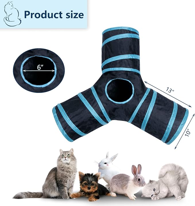 3 Way Cat Tunnel Collapsible Fun Pet Play Tube Toys for Cats, Kittens, Puppies & Rabbits - Portable Tunnel with Hanging Ball for Indoor Play, Hideout & Exercise - Image 2