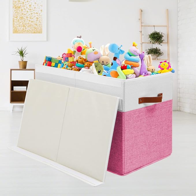 Large Toy Storage Box with Lid, Toy Chest Bin Boxes Basket with Dividers | Sturdy Toy Organizer Bin for Kids, Boys, Girls, Nursery, Living Room, Bedroom, Playroom 25"x13" x16" (Pink and White) - Image 2
