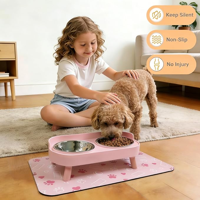Elevated Dog Bowl, Raised Feeding Stand with Mat for Small Dogs Under 25 Lb | 2 Stainless Steel Pet Raised Bowls for Cats and Puppies, Splash Proof, Dishwasher Safe, with Stain-Resistant Quick-Dry Mat - Image 5
