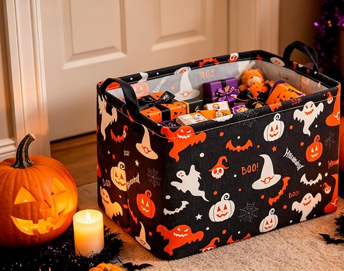 CLOCOR Rectangular Storage Basket Empty,Gift Basket,Waterproof Storage Bin with Handles,Room Decor(Black Halloween Basket) - Image 2