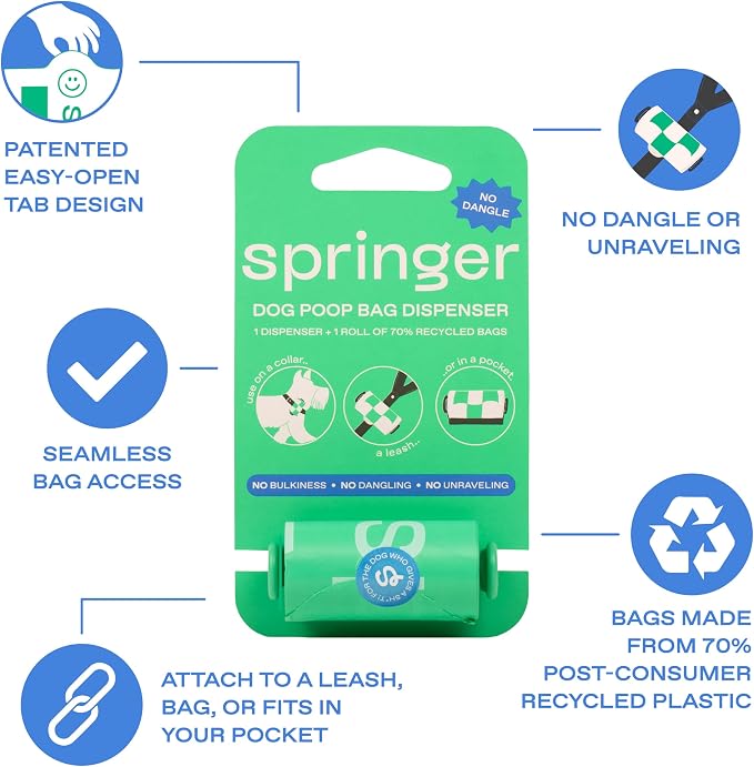 Springland Recycled Plastic Poop Bags for Dogs, 15 of Bags + 1 Dispenser | Premium thick & durable bags, leak proof, easy-open tab, unscented, no dangle bag holder for leash included - Image 4