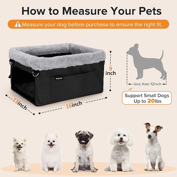 JOEJOY Deluxe Dog Booster Seat with Sturdy Metal Frame and Safety Leash for Small Pets up to 20 lbs - Portable Puppy Dog Car Seat with Thick Cushion and Storage Pockets for Small Dogs, Black - Image 6