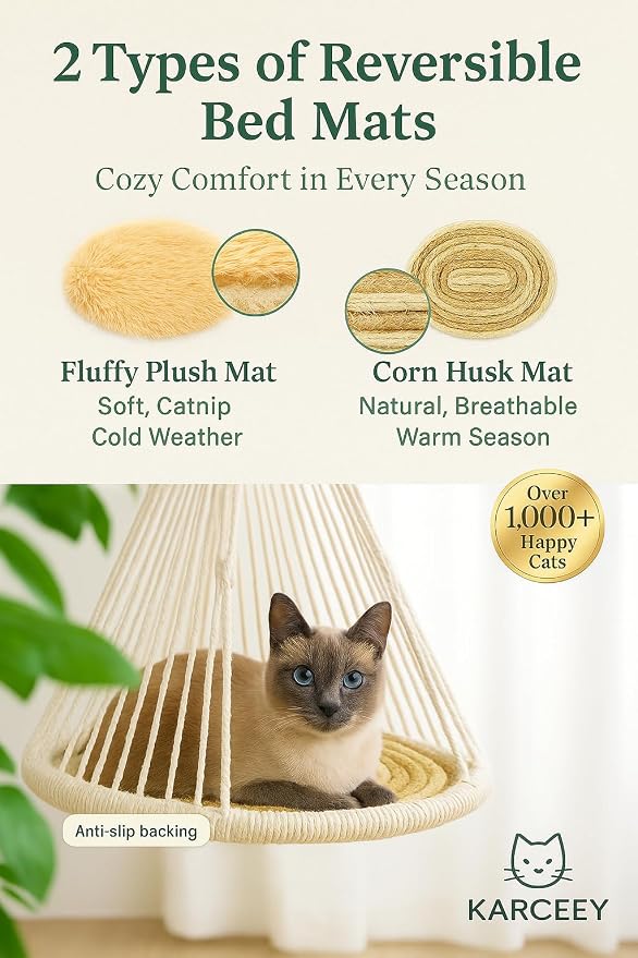 KARCEEY Macrame Cat Hammock - Hanging Cat Bed for Wall & Window - Boho Swing with Full Hardware Kit & Nip Toy - Stable Heavy Duty Design for Large & Senior Felines up to 60lbs - Image 7