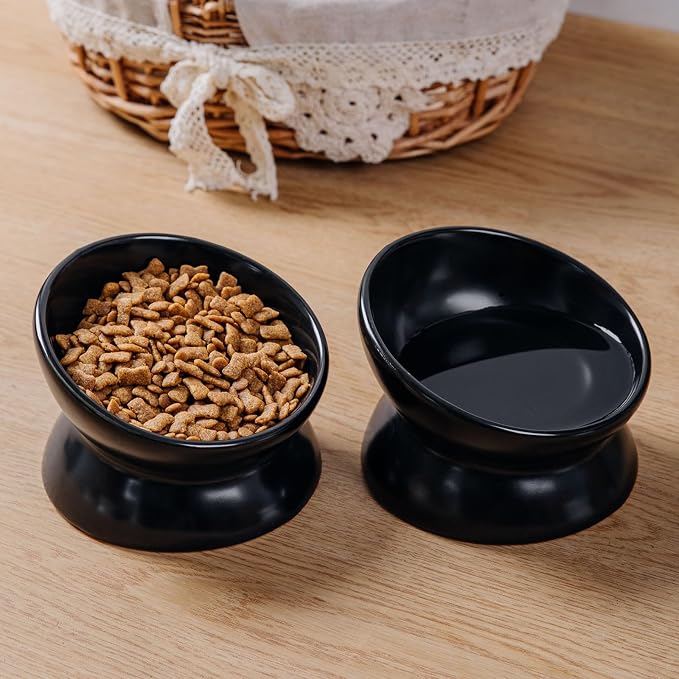 Elevated Ceramic Cat Bowl, 15° Tilted Raised Food & Water Dishes, Anti-Vomiting & Neck Protection Pet Feeder for Kittens, Small Dogs (5.2", Black, 1pc Set) - Image 4
