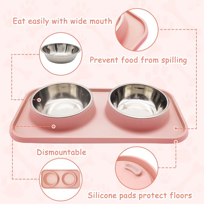 BNOSDM Double Dog Food Bowls Stainless Steel Dog Food and Water Bowls with Non-Spill Plastic Mat Pet Cat Feeder Bowl Set for Puppy Cats Kitten Small Medium Dogs Pink - Image 6