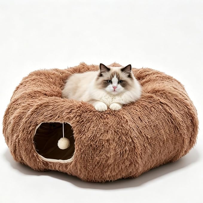 Cat Tunnels for Indoor Cats, Donut Tunnel Toys for Cats - Brown | Washable Circle Cushion, 3-in-1 Foldable Playground & Cozy Cave Bed for Kittens, Puppy, Rabbits, Ferret by Relaxinsideexploreoutside