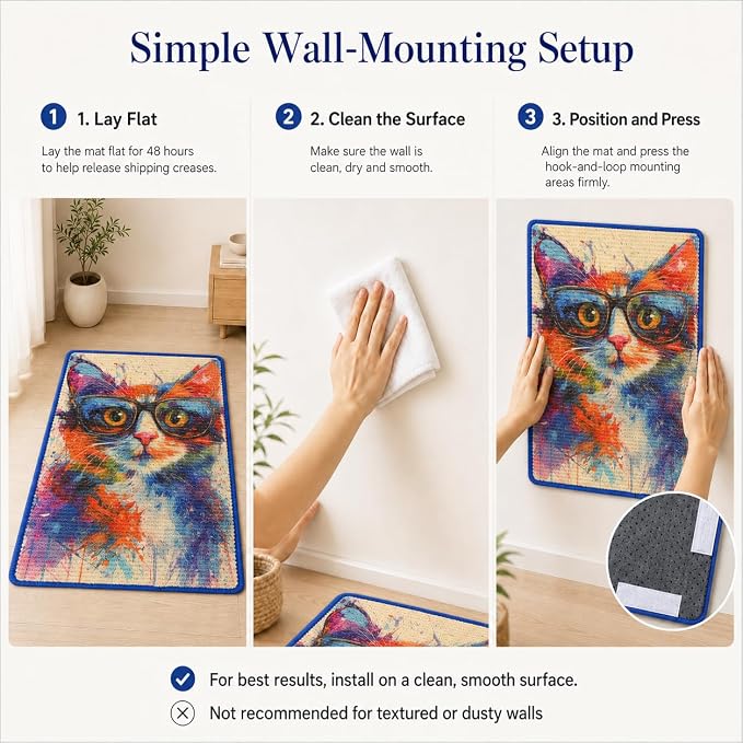 Art Sisal Cat Scratcher Mat, Cat Wall Scratchers for Indoor Cats | Wall Mounted Cat Scratcher, Natural Sisal, No-Drill Hook & Loop Setup, Floor or Wall Use, 23.6 x 15.7 Inch, Graffiti Cat - Image 9