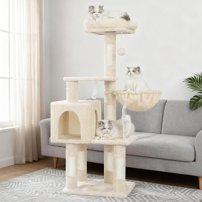 Heybly Cat Tree with Toy, 43.3 inch Cat Tower for Indoor Cats HCT004SM | Cat Condo with Durable Sisal Scratching Posts, Cat House with Padded Plush Perch, Cozy Hammock, Beige - Image 9
