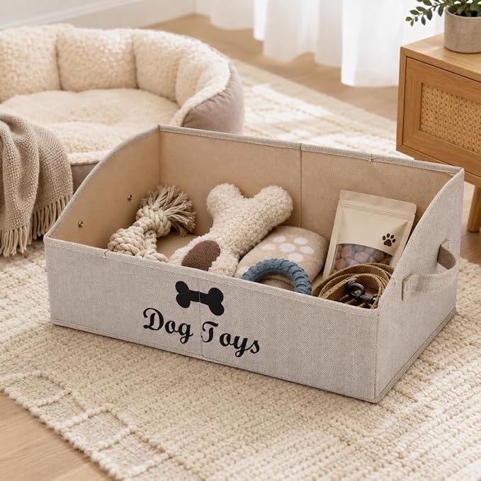 Geyecete dog toy basket Large dog toy bin dog toy box storage box - Foldable Fabric Trapezoid Organizer Boxes with Handle, Collapsible Basket for Dog Toys (KhakiStripe-DOG) - Image 6