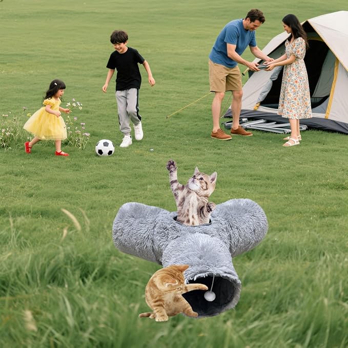 3-Way Collapsible Cat Tunnel Tube Toy Grey Plush | Interactive Play Tunnel with Hanging Ball & Peek Hole for Indoor Cats, Kittens, Puppies & Rabbits | Hours of Fun & Exercise - Image 3