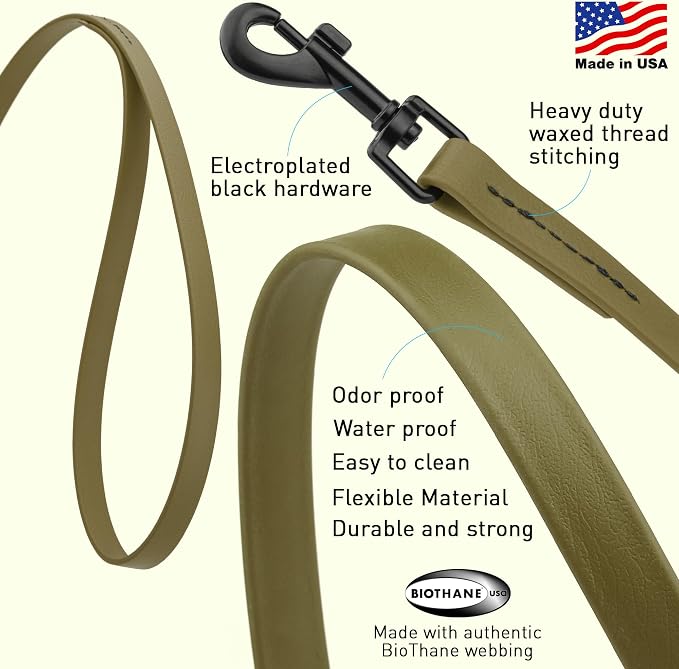 Dogline Biothane Waterproof Dog Leash Strong Coated Nylon Webbing with Black Hardware Odor-Proof Easy to Clean High Performance for Small or Large Dogs Made in USA 2 ft Lead, Olive Drab Green - Image 2