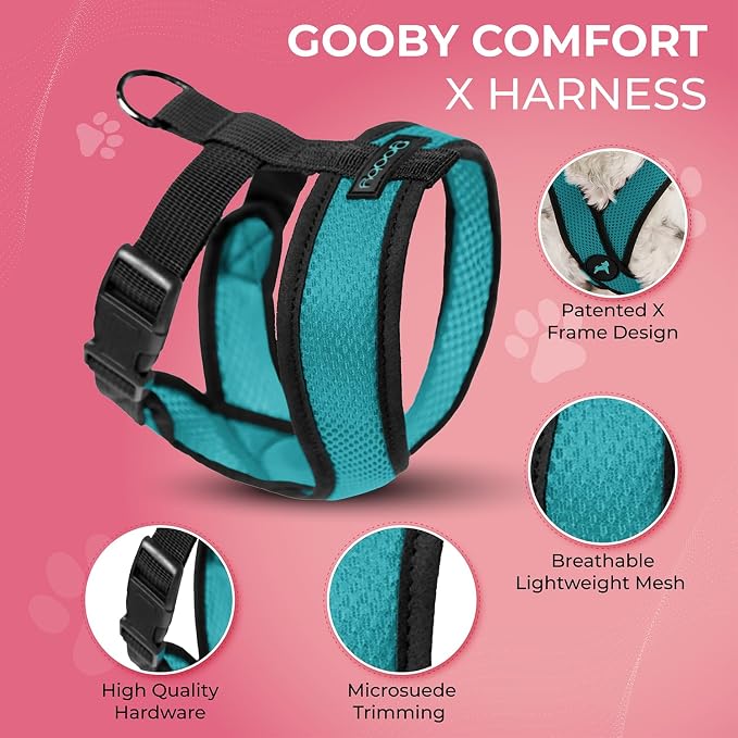 Gooby Comfort X Head-in Dog Harness, Choke-Free, Turquoise, Small | Patented choke-free X-frame; Secure head-in fit; Lightweight breathable mesh; Back metal D-ring; Machine washable - Image 2