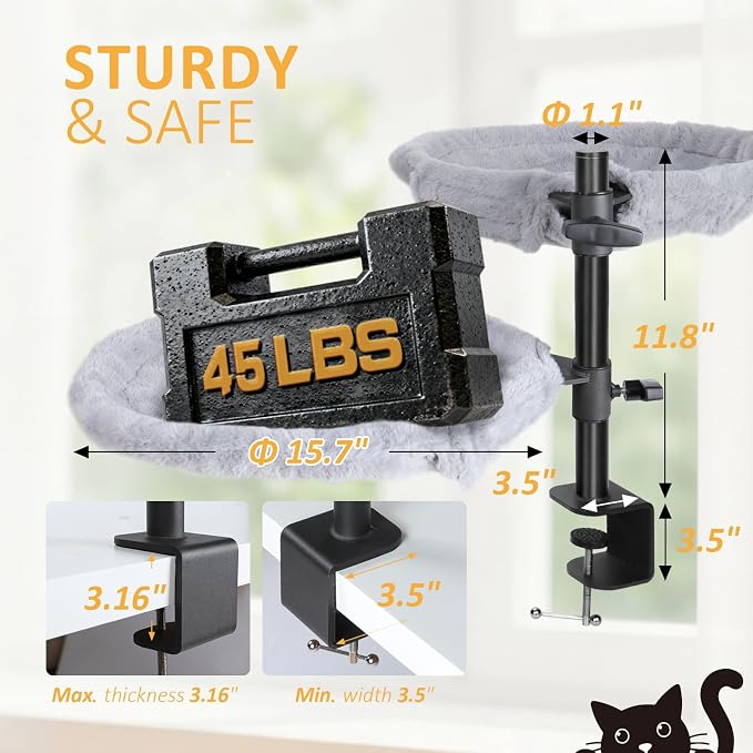 Topmart Double-Deck Cat Desk Bed with 360° Rotating & Adjustable Height | Cat Hammock for Desk with 4 Washable Pads, Kittens Bed for Desk Attachment for Home Office,Up to 45LBS, Grey & Black - Image 5