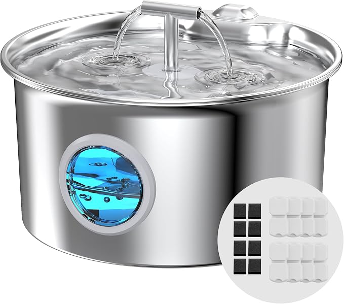 Cat Water Fountain Stainless Steel: Water Dispenser for Cats Indoor - Pet Dispenser Supplies Accessories - 16 Pack Cat Water Fountain Replacement Filters - 8 Multi-Functional Filters and 8 Sponges by UMOCUOY