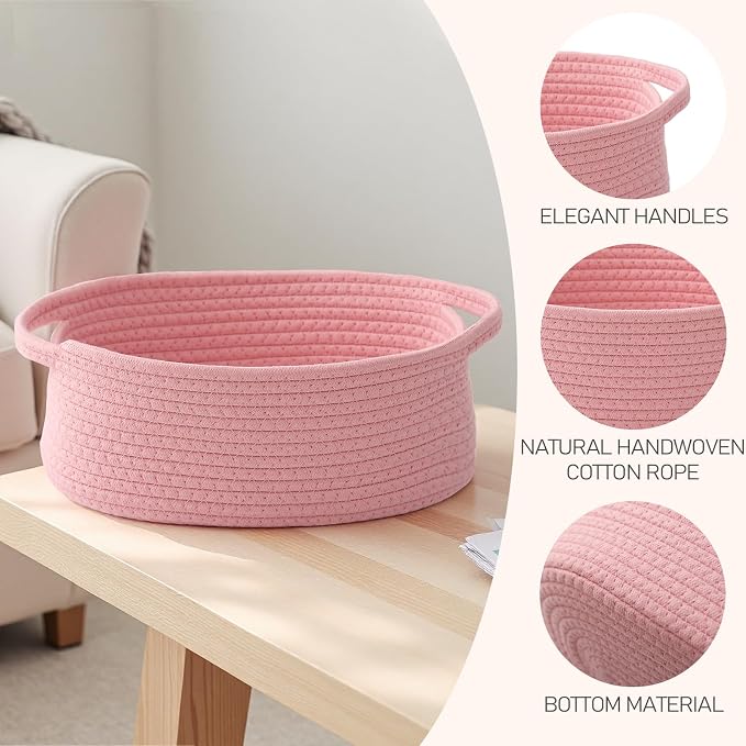 JMvicyroam Small Woven Basket, Empty Gift Basket, Pink/2 Pack | Small Gift Basket, Cotton Rope, 12 x 8 x 43 in, Handles, Includes Ribbon and Bag, Birthday Gift Basket - Image 3