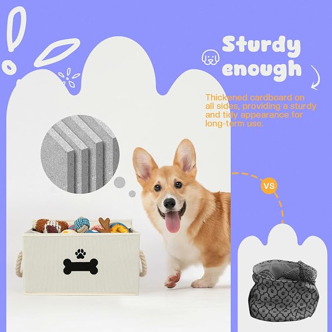 Dog Toy Basket with Lid, Dog Basket for Toys, Dogs Toy Box with Cotton Rope Handles, Collapsible Storage Bins for Pet Toys, Dogs Storage Organizer, Beige - Image 5