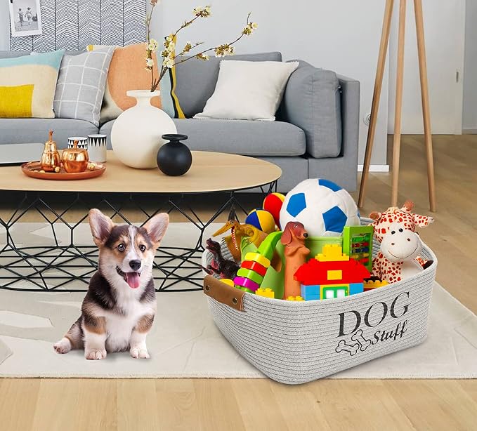 Geyecete Square Dog toy basket storage Cotton Rope Storage Basket Pet/Pet Toy And Accessory Storage Bin Doy Toy Box-Gray - Image 6