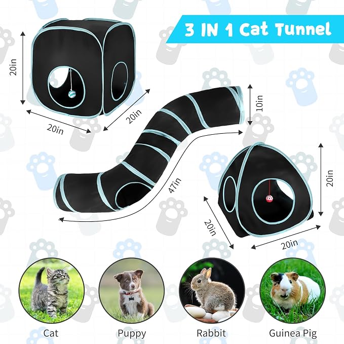 Rypet Cat Toy Tunnel and Cubes Bundle, Play Tubes for Indoor Cats, Black | 3-in-1 Tunnel Cubes Tent, Crinkle Tube for Play, DIY Shapes, Ball and Bell for Play, Tear-Resistant Polyester, Folds Flat - Image 4