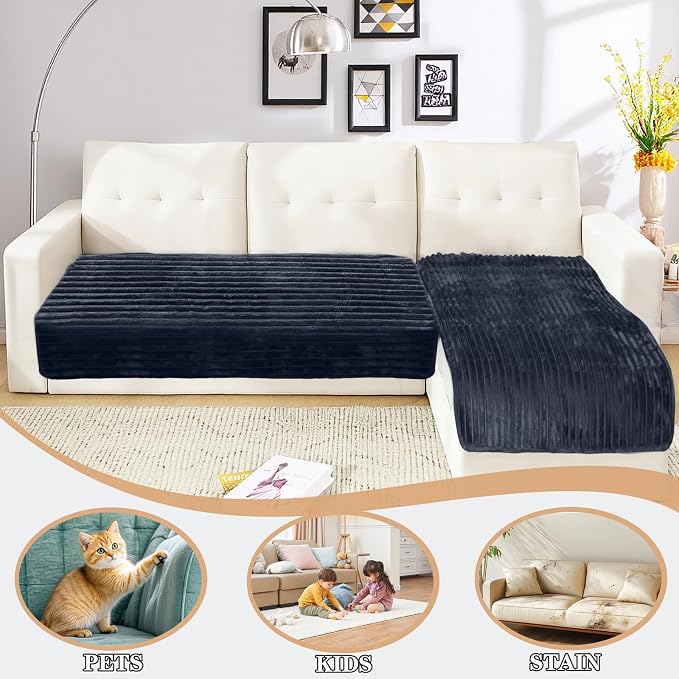 NAISI Couch Covers for Dogs Waterproof Flannel Striped Sofa Cover Pet Friendly Washable Dog Mat for Couch Anti Slip Sectional Sofa Slipcover Protector(2pcs/35"x63"+35"x70",Dark Navy) - Image 2